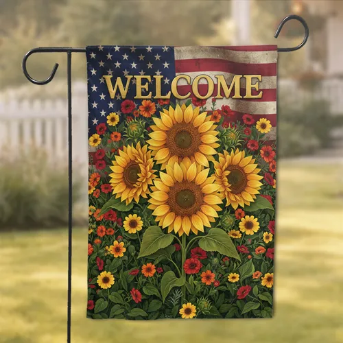 Golden Sunflowers Welcome American Flag - Outdoor Welcome Decor Garden Flag
