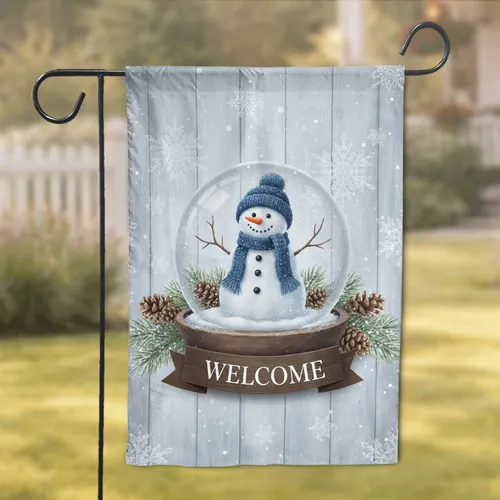 Blue Beanie Snowman Glass Snow Globe Pinecone Welcome Banner - Winter Holiday Decor Garden Flag