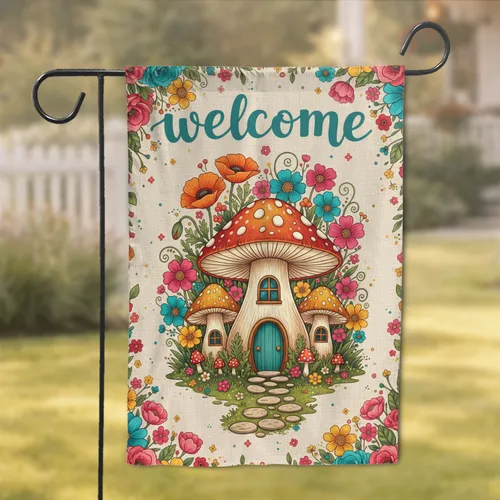 Teal Welcome Script Red Orange Mushroom Village Poppies Path - Outdoor Decor Gift Garden Flag
