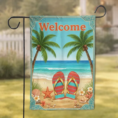 Welcome Flip Flops Beach Scene - Summer Home Decor Gift Garden Flag