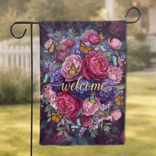 Pink Peonies Purple Hydrangeas Butterflies Welcome - Home Decor Gift Garden Flag