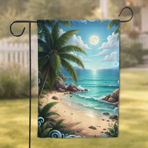 Lush Palm Trees Sandy Shore Ocean Waves Full Moon - Tropical Home Decor Gift Garden Flag