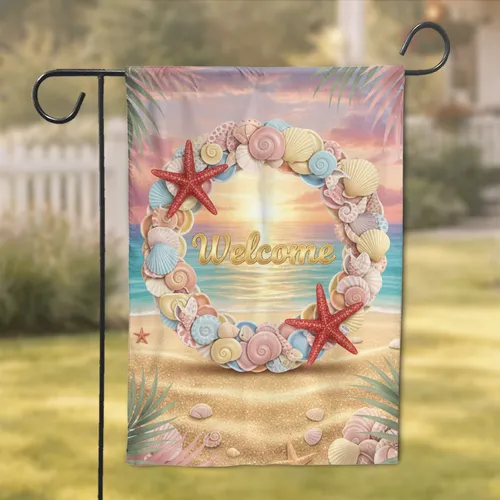 Welcome Seashell Wreath Tropical Sunset - Coastal Home Decor Gift for Beach Lover Garden Flag