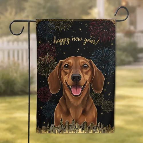 Cheerful Dachshund Dog Fireworks City Skyline - Happy New Year Celebration Gift Garden Flag