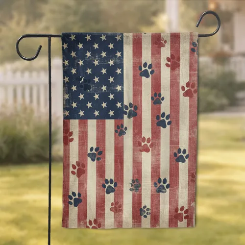 Vintage Distressed American Flag Paw Print - Home Decor Gift for Dog Lover Garden Flag