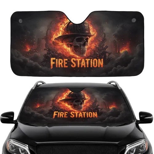 Skull Firefighter Helmet Fire Station Flames - Car Interior Upgrade for Firefighter Car Sunshade