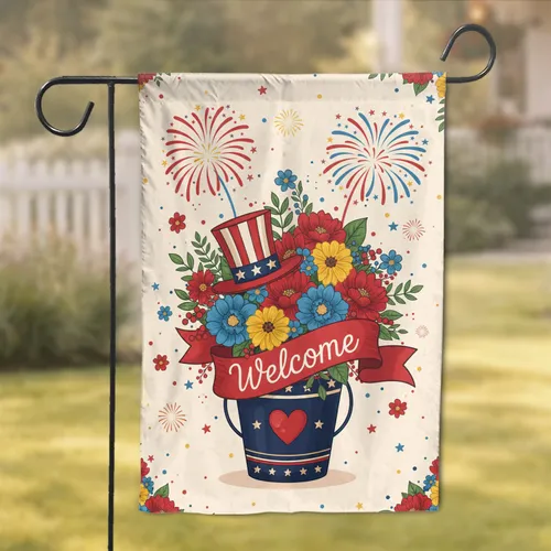 Welcome Banner Top Hat Patriotic Bouquet Fireworks - Independence Day Decor Garden Flag