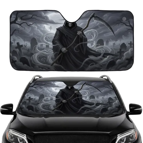 Darkly Robed Grim Reaper Skull Scythe - Gothic Moonlit Graveyard Car Interior Upgrade Car Sunshade
