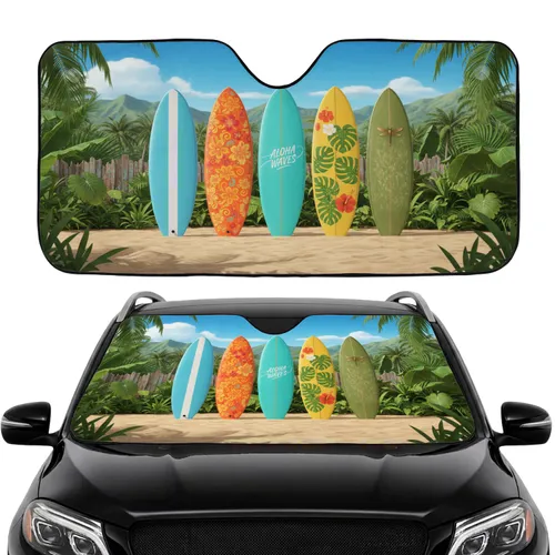 Surfboards Tropical Foliage Sand Beach - Road Trip Essentials Car Interior Upgrade Car Sunshade