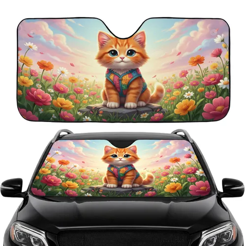 Fluffy Orange Kitten Blue Eyes Wildflower Meadow Pastel Sky - Car Interior Upgrade Car Sunshade