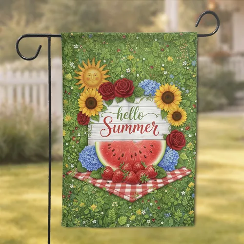 Hello Summer Watermelon Strawberry Sign Sunflowers Roses - Summer Picnic Decor Garden Flag