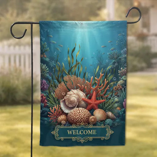 Conch Shell Starfish Seashells Coral Reef WELCOME Banner - Ocean Coastal Home Decor Gift Garden Flag
