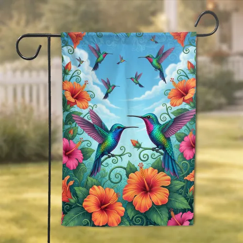 Hummingbirds Hibiscus Tropical Flowers - Garden Lover Home Decor Gift Garden Flag
