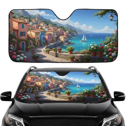 Mediterranean Coastal Village Houses Yacht Sea View Mountain - Car Interior Upgrade Car Sunshade