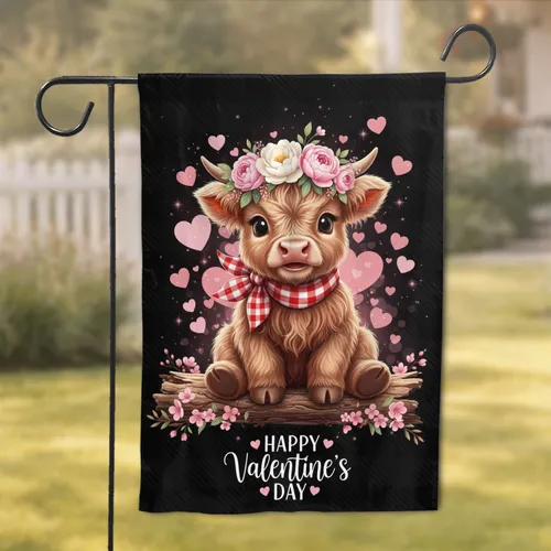 Fluffy Highland Calf Floral Crown Plaid Scarf Pink Hearts - Valentine's Day Celebration Garden Flag