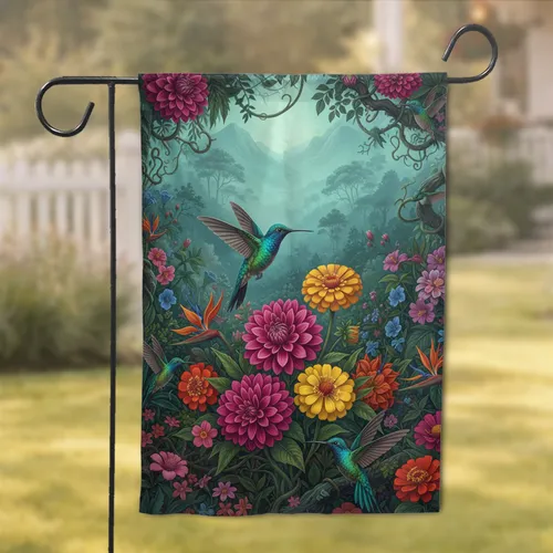 Vibrant Iridescent Hummingbird Exotic Tropical Flowers Lush Jungle Garden - Wildlife Lover Gift Garden Flag