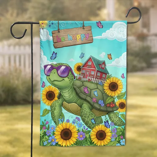 Green Turtle Cottage House Sunflowers Butterflies - Everyday Home Decor Gift Garden Flag