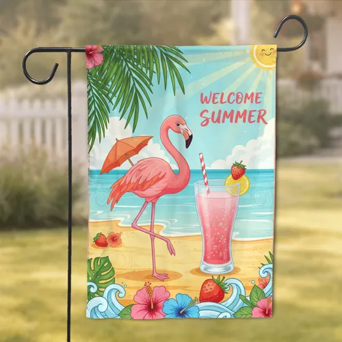 Pink Flamingo Tropical Beach Welcome Summer Hibiscus - Summer Home Decor Gift Garden Flag