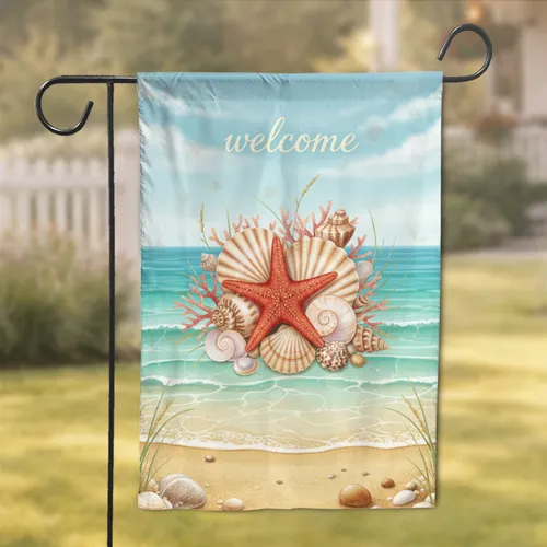 Welcome Starfish Seashell Coastal Scene - Home Decor Gift Garden Flag
