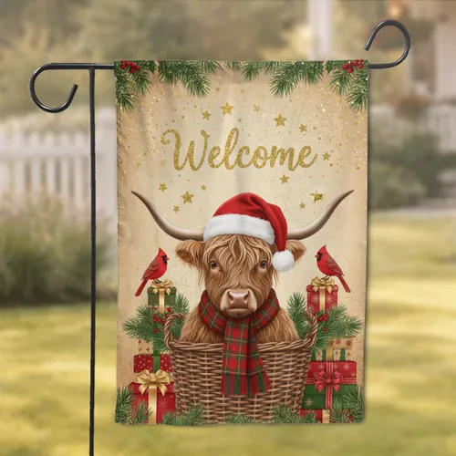Highland Cow Santa Hat Welcome Cardinals - Christmas Rustic Home Decor Gift Garden Flag