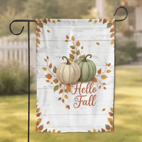 Hello Fall Pumpkins Autumn Leaves Vines Distressed Wood - Rustic Farmhouse Decor Garden Flag