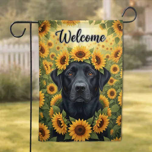 Welcome Black Labrador Dog Sunflower Wreath - Home Decor Gift for Dog Lover Garden Flag