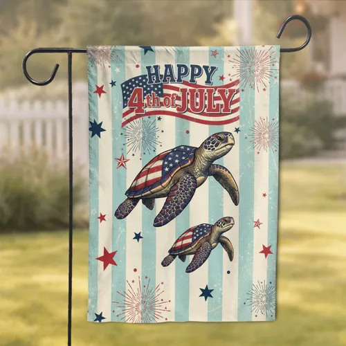 Sea Turtle American Flag Fireworks Stars - Independence Day Patriotic Home Decor Garden Flag