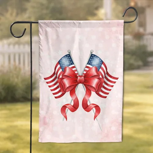 Crossed American Flags Red Satin Bow - Independence Day Home Decor Gift Garden Flag