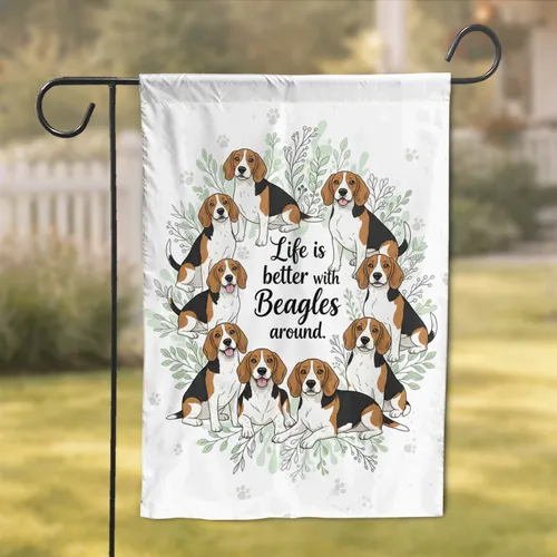 Tri-Color Beagle Dogs Botanical Paw Prints - Beagle Lover Home Decor Gift Garden Flag