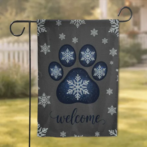 Paw Print Snowflakes Welcome - Winter Home Decor Gift Garden Flag