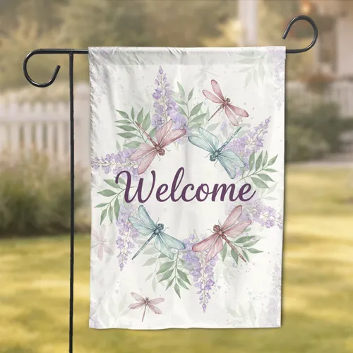 Welcome Dragonfly Delicate Foliage Wisteria Floral - Housewarming Home Decor Gift Garden Flag