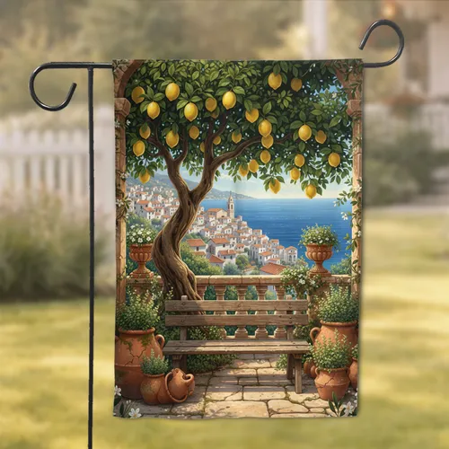 Ripe Lemon Tree Mediterranean Terrace Coastal Town - Home Decor Gift for Plant Lovers Garden Flag