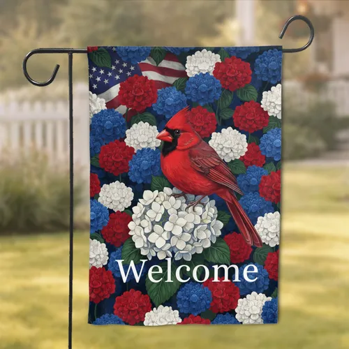Male Cardinal Welcome American Flag Floral - Home Decor Gift Garden Flag