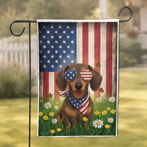 Dachshund Aviator Flag Sunglasses Wildflowers - Independence Day Gift for Dog Lovers Garden Flag
