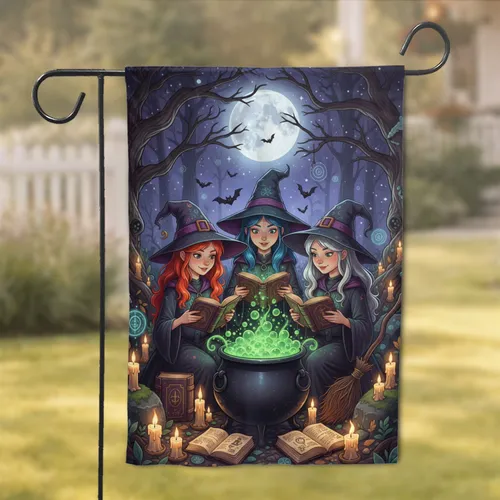 Witches Cauldron Spellbooks Enchanted Forest Full Moon - Home Decor Gift for Witch Lover Garden Flag