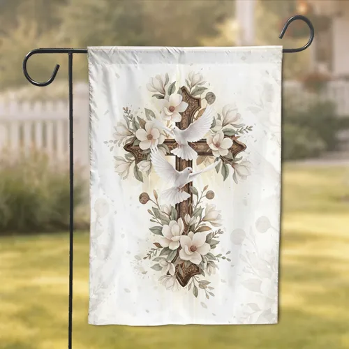 White Magnolias Doves Ornate Cross Botanical Spiritual Home Decor Gift Garden Flag