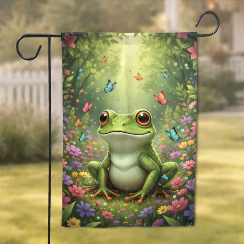 Smiling Green Frog Wildflower Butterfly Garden - Home Decor Gift Garden Flag