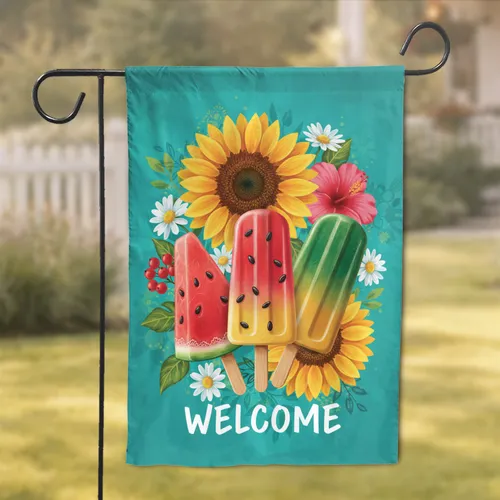 Popsicle Watermelon Sunflower Hibiscus Welcome Floral - Summer Home Decor Garden Flag