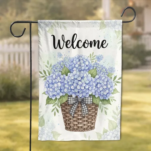 Welcome Script Blue Hydrangea Bouquet Wicker Basket Gingham Ribbon Inviting Home Decor Garden Flag