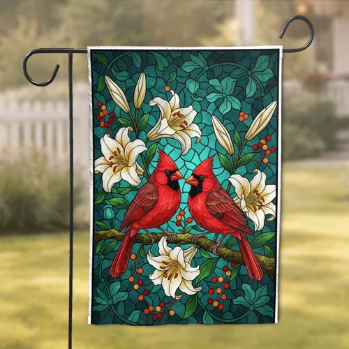 Northern Cardinals White Trumpet Lilies Stained Glass - Wildlife Lover Gift for Bird Watchers Garden Flag