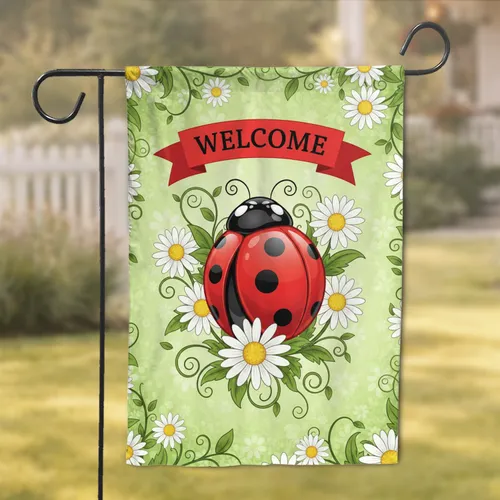 Red Ladybug White Daisy Floral Welcome Sign - Home Garden Outdoor Decor Gift Garden Flag