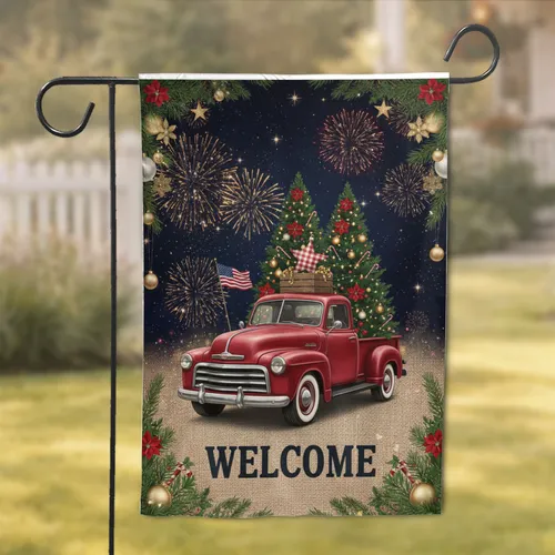Vintage Red Truck Christmas Trees American Flag Welcome - Holiday Home Decor Garden Flag