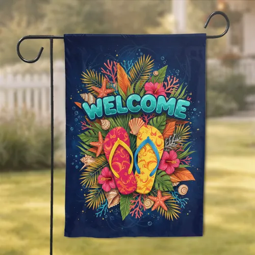 Welcome Flip Flops Starfish Seashells Tropical Beach - Summer Home Decor Gift Garden Flag