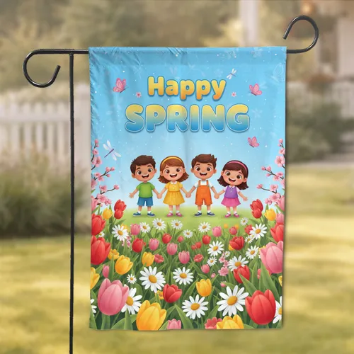 Happy Spring Children Flower Garden Butterflies - Seasonal Decor Gift Garden Flag