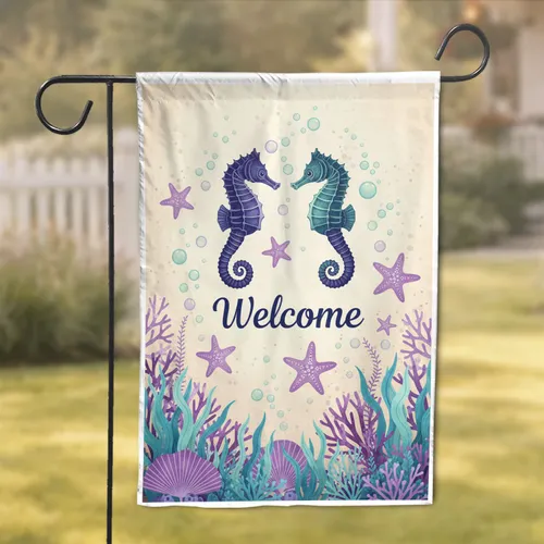Seahorse Welcome Starfish Text - Underwater Ocean Life Decor Gift Garden Flag