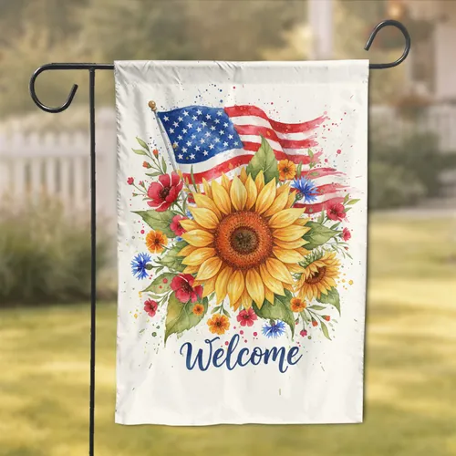 Welcome Sunflower American Flag Wildflower - Patriotic Home Decor Gift Garden Flag