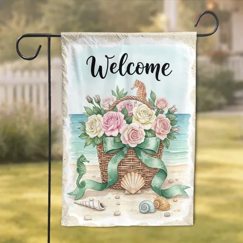 Welcome Script Wicker Roses Seahorses Seashells Coastal Home Decor Gift Garden Flag