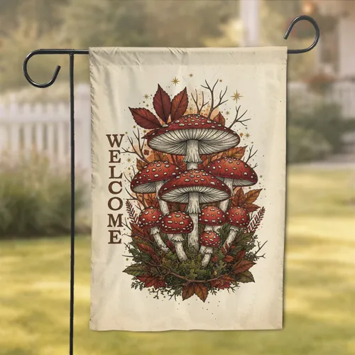 Welcome Red Mushroom Autumn Leaves Stars Parchment - Fall Season Home Decor Gift Garden Flag