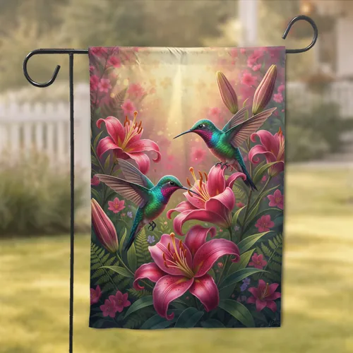Iridescent Hummingbirds Stargazer Lilies Garden Scene Home Decor Wildlife Lover Gift Garden Flag
