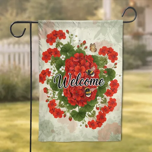 Geranium Welcome Bumblebee Botanical Flowers - Garden Home Decor Gift Garden Flag